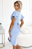 Blue Wrap Neckline Dress with Short Sleeves and Slit