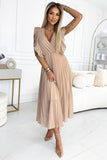 Beige Pleated Chiffon Dress with Ruffled Shoulders