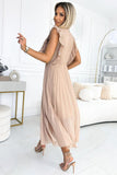 Beige Pleated Chiffon Dress with Ruffled Shoulders