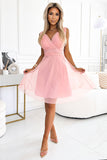 Elegant Wrap Neckline Tulle Dress with Bow in Dusty Pink
