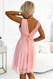 Elegant Wrap Neckline Tulle Dress with Bow in Dusty Pink