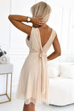 Elegant Beige Tulle Dress with Wrap Neckline and Bow
