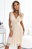 Elegant Beige Tulle Dress with Wrap Neckline and Bow