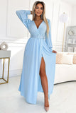 Maxi Long Dress with Wide Belt and Slit in Blue