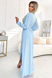 Maxi Long Dress with Wide Belt and Slit in Blue