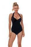 Elegant Black Open Back Swimsuit with Ruching Details