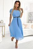 Chiffon Blue Pleated Dress with Belt and Short Sleeves