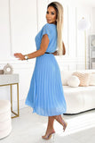 Chiffon Blue Pleated Dress with Belt and Short Sleeves
