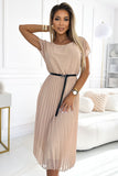 Chiffon Beige Pleated Dress with Belt and Short Sleeves