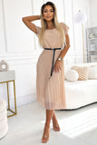 Chiffon Beige Pleated Dress with Belt and Short Sleeves