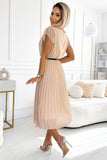 Chiffon Beige Pleated Dress with Belt and Short Sleeves