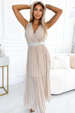 Elegant Beige Pleated Chiffon Dress with V-Neck & Belt