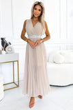 Elegant Beige Pleated Chiffon Dress with V-Neck & Belt