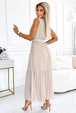 Elegant Beige Pleated Chiffon Dress with V-Neck & Belt
