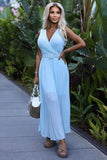 Elegant Blue Pleated Chiffon Dress with Wide Belt