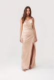 Elegant Open Back Maxi Dress with Side Slit and Draped Neckline