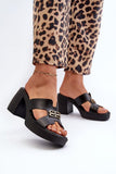 Elegant Leather Flip-Flops with Block Heel and Gold Accent