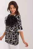Elegant Everyday Blouse with Flower Brooch and Geometric Pattern
