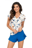 Elegant Floral V-Neck Blue Pajama Set for Women