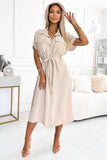 Chic Beige Dress with Gold Buttons and Waist Tie