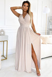 Beige Brocade Maxi Gown with Neckline and Leg Slit