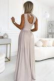 Beige Brocade Maxi Gown with Neckline and Leg Slit