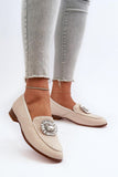 Elegant Flat Heel Moccasins with Leather Insole & Brooch