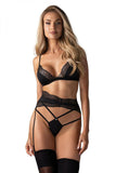 Lace Trim Bra, Garter Belt & Thong Set - Elegant Black Design