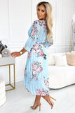 Chiffon Pleated Midi Dress with Belt and Floral Print