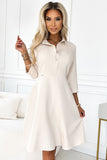 Beige Shirred Flared Dress with Belt - Comfortable Fit