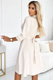 Beige Shirred Flared Dress with Belt - Comfortable Fit