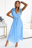 Chiffon Pleated Dress with Envelope Neckline and Ruffles