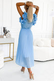 Chiffon Pleated Dress with Envelope Neckline and Ruffles