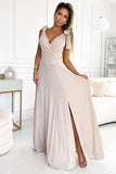 Maxi Long Dress with Neckline, Leg Slit & Bow Details