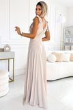 Maxi Long Dress with Neckline, Leg Slit & Bow Details