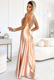Elegant Golden Beige Satin Gown with Slit and Back Detail