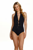 Elegant Open Back Black Swimsuit with Decorative Ties