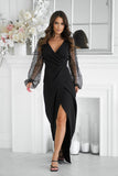 Chic Sequin Sleeve Dress with Heart Neckline & Slit