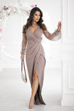 Chic Sequin Sleeve Dress with Heart Neckline & Slit