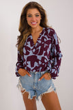 Eco-Friendly V-Neck Blouse with Unique Print and Puffy Sleeves