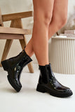 Chic Lacquered Ankle Boots with Gold Accent and Fleece Lining