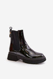 Chic Lacquered Ankle Boots with Gold Accent and Fleece Lining