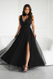 Elegant Long Dress with Slit and Rose Belt Detail