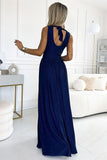 Navy Blue Glitter Maxi Dress with Back Tie and Leg Slit