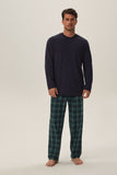 Elegant Long-Sleeve Men's Pajama Set with Check Pants