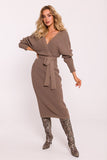 Elegant Striped Knit Sweater Dress with Wrap Top & Waist Tie