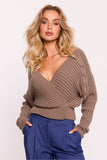 Elegant Wrap-Over Ribbed Women's Sweater with Deep Neckline