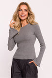Elegant Ribbed Cotton Knit Fitted Blouse with Long Sleeves