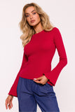 Elegant Ribbed Cotton Knit Fitted Blouse with Flared Sleeves