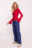 Elegant Ribbed Cotton Knit Fitted Blouse with Flared Sleeves